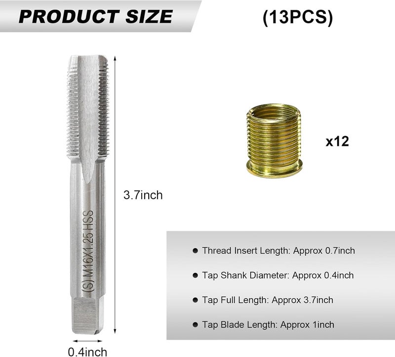 SHMZK 13 PCS Spark Plug Thread Repair Kit, M14×1.25 Inserts and M16×1.25 Tap Spark Plug Rethreading Set, Stainless Steel Thread Repair Tool Kit - Image 2